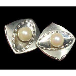 Vintage Engraved Square Silver Tone Cufflinks With Faux Pearl Accents